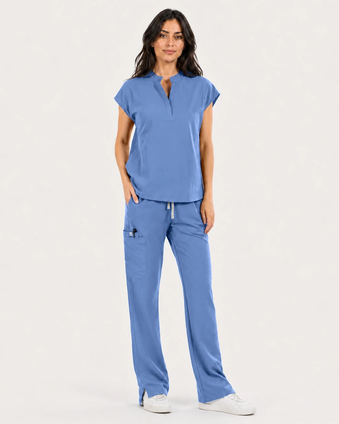 Ceil Blue Eipnare Women's Mandarin Sleeveless Straight-Leg Scrub Set - Stretch Medical Scrubs for Women