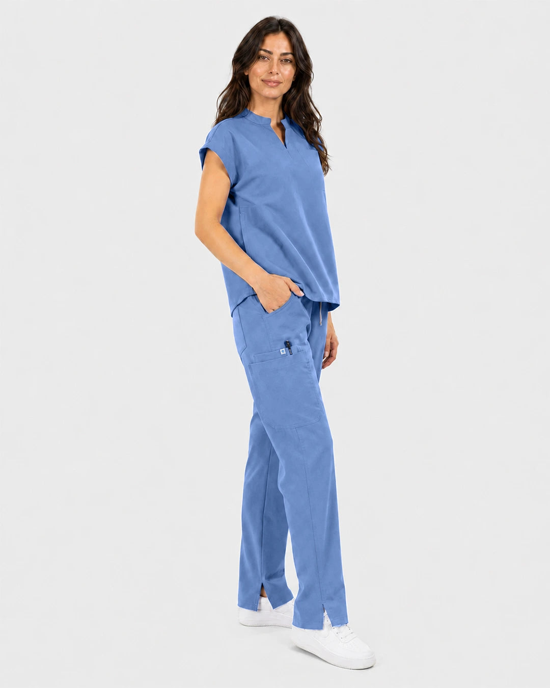 Ceil Blue Eipnare Women's Mandarin Sleeveless Straight-Leg Scrub Set - Stretch Medical Scrubs for Women