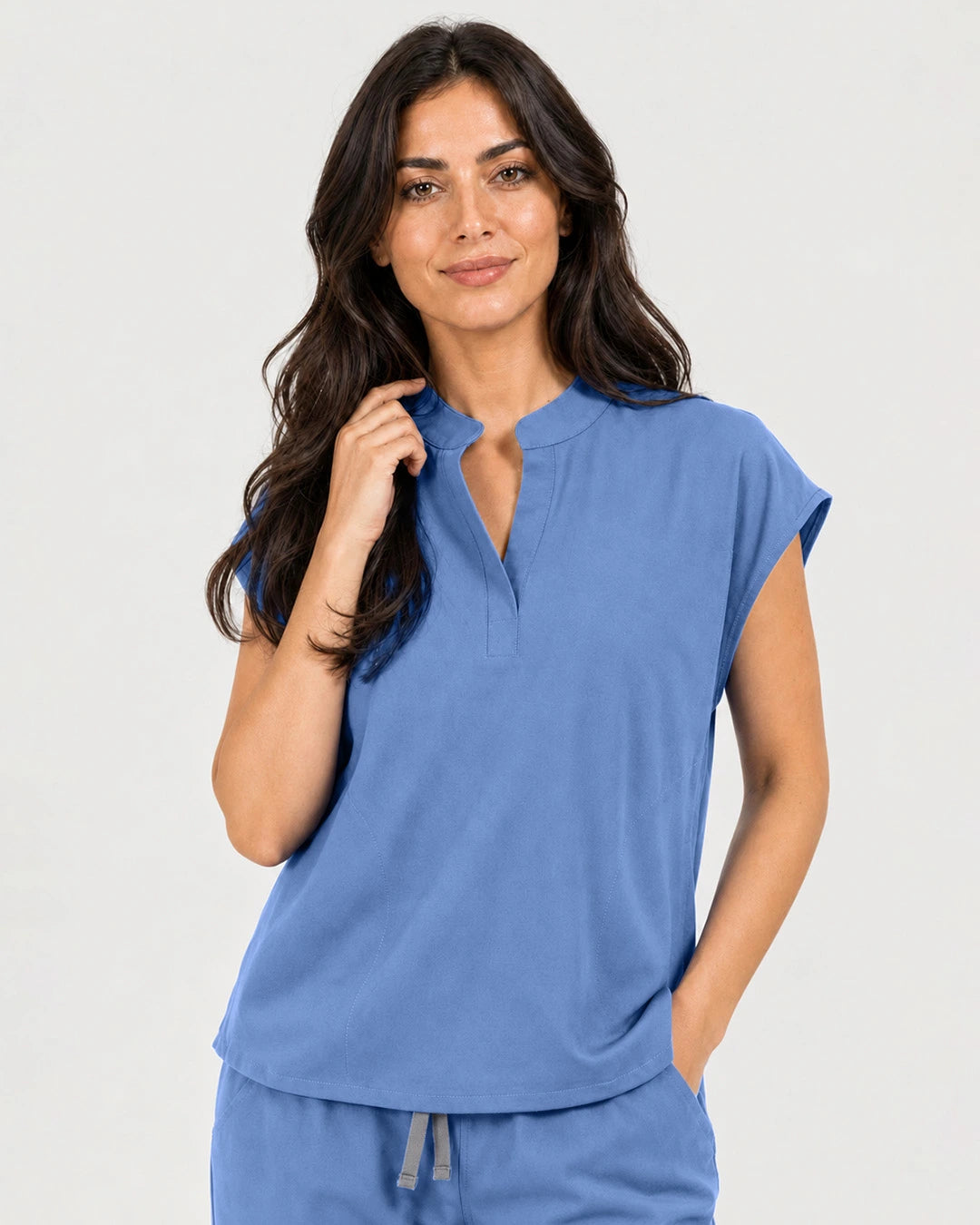 Ceil Blue Eipnare Women's Mandarin Sleeveless Straight-Leg Scrub Set - Stretch Medical Scrubs for Women