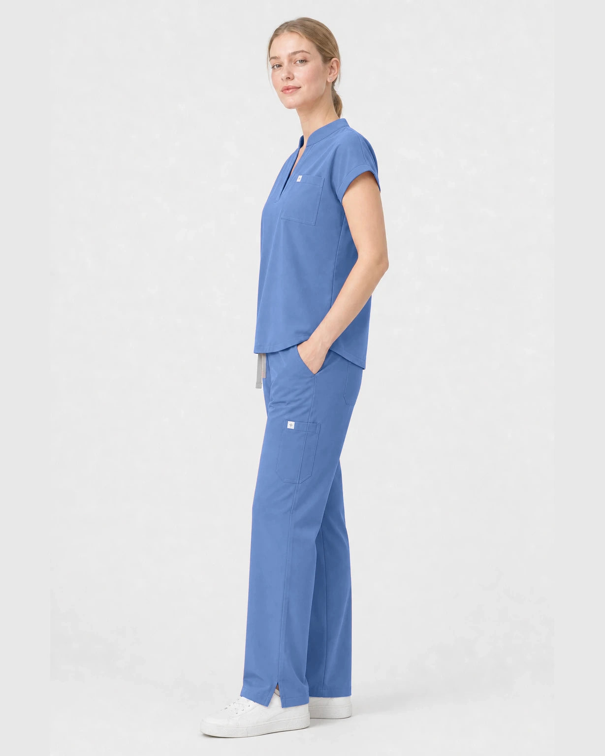 Ceil Blue Eipnare Women's Henley Sleeveless Straight-Leg Scrub Set - Stretch Medical Scrubs for Women