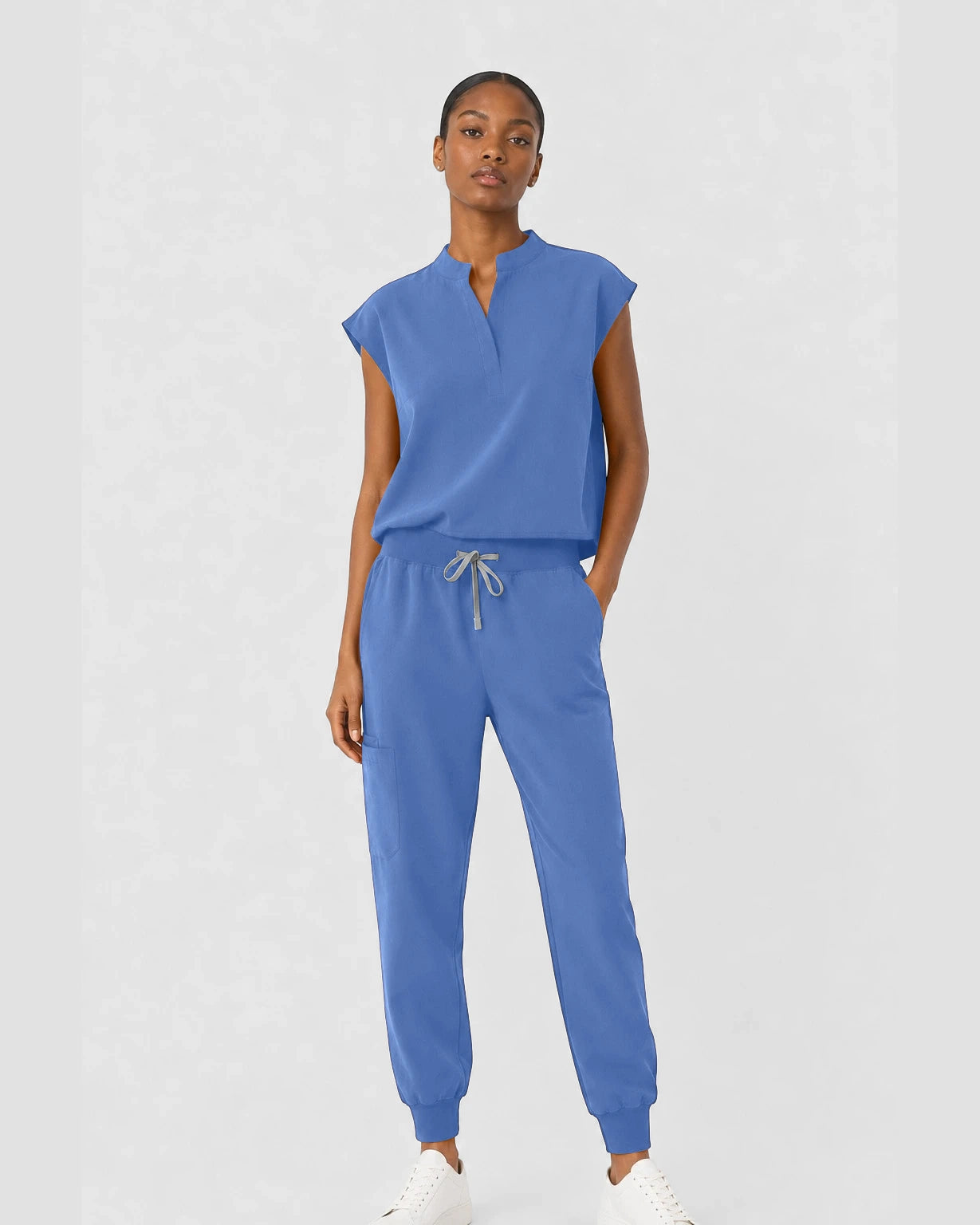 Ceil Blue Eipnare Women's Sleeveless Mandarin Collar Jogger Scrub Set - Stretch Medical Scrubs for Women