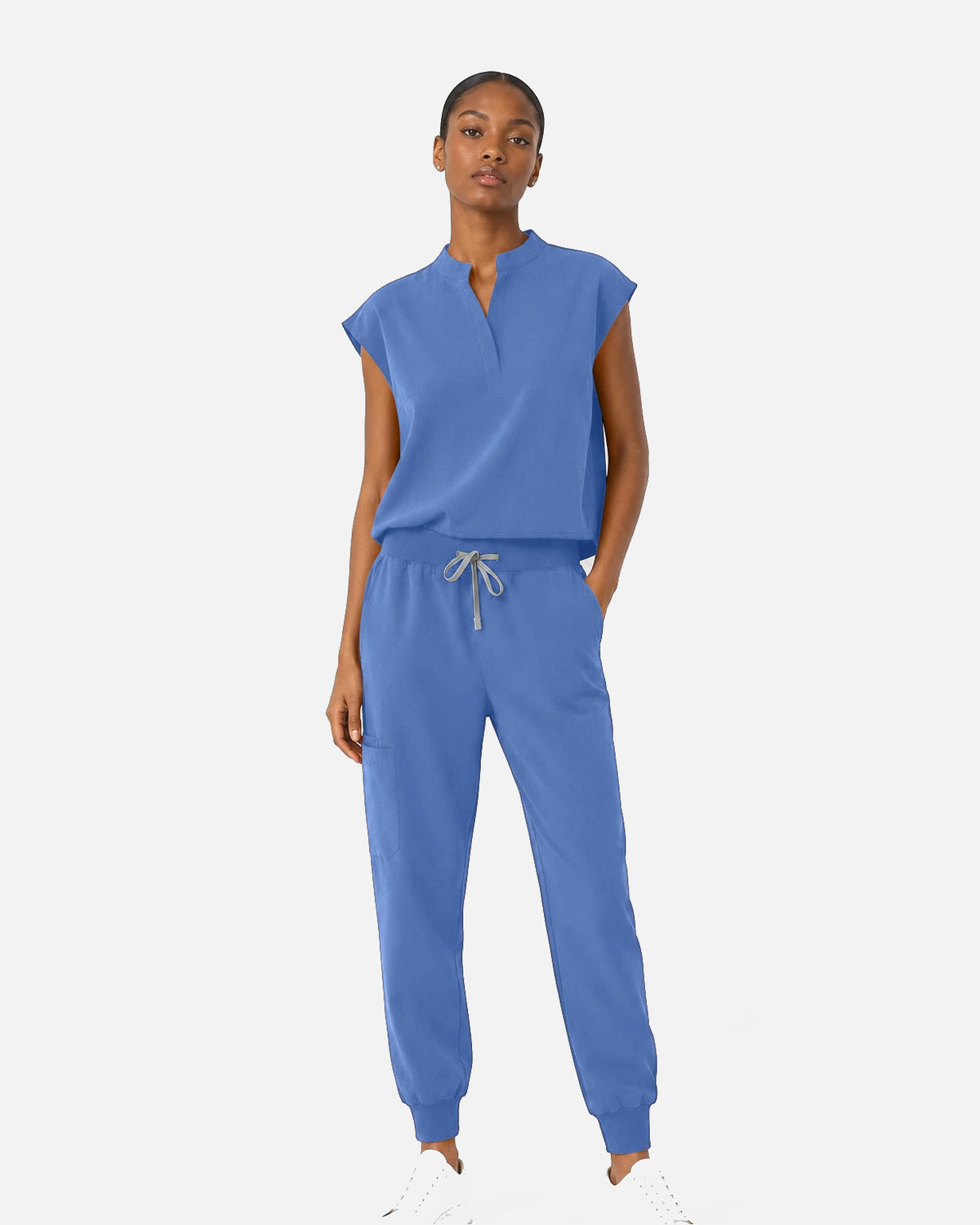 Ceil Blue – Eipnare Women's Sleeveless Mandarin Collar Jogger Uniform Set – product image 01