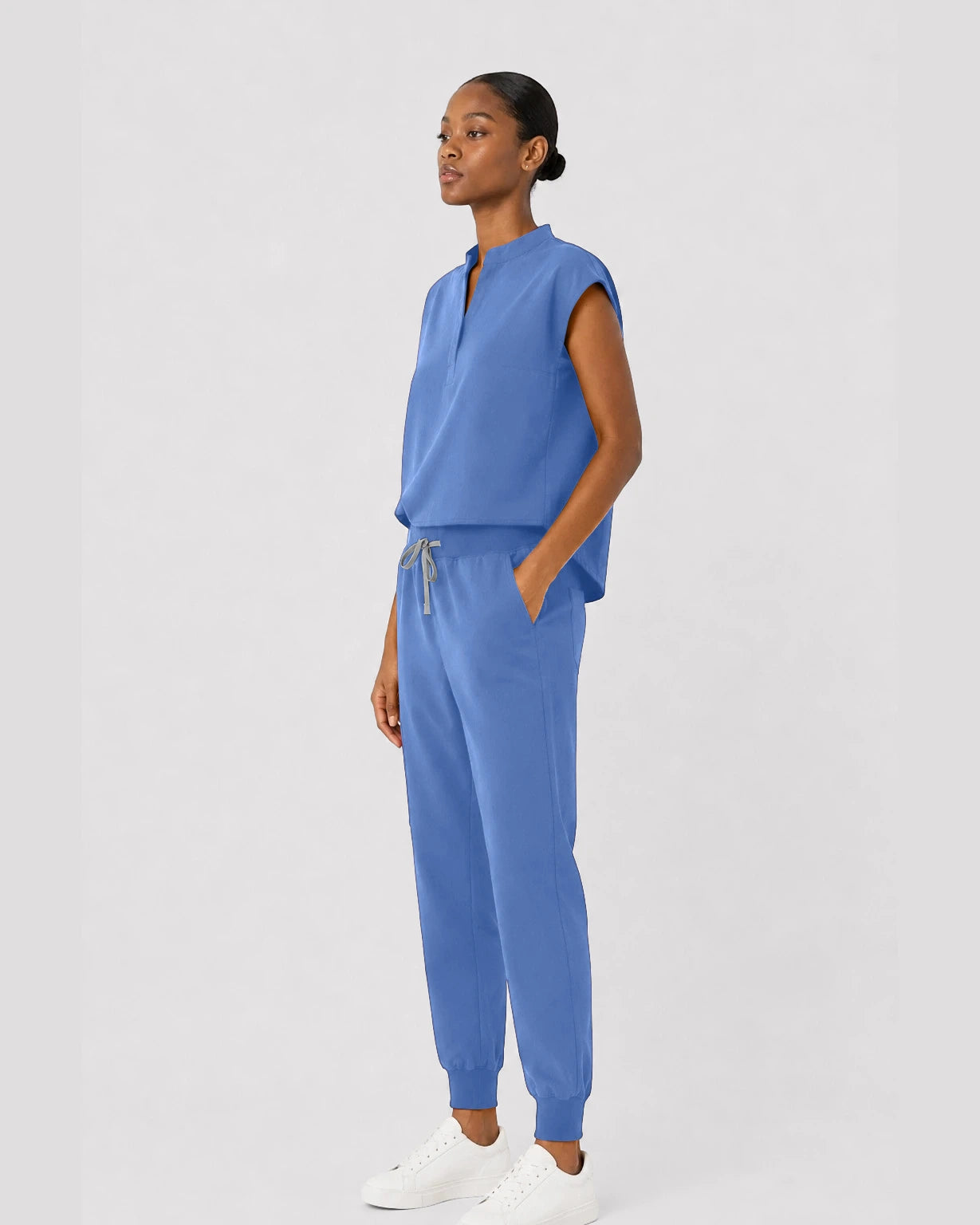 Ceil Blue Eipnare Women's Sleeveless Mandarin Collar Jogger Scrub Set - Stretch Medical Scrubs for Women