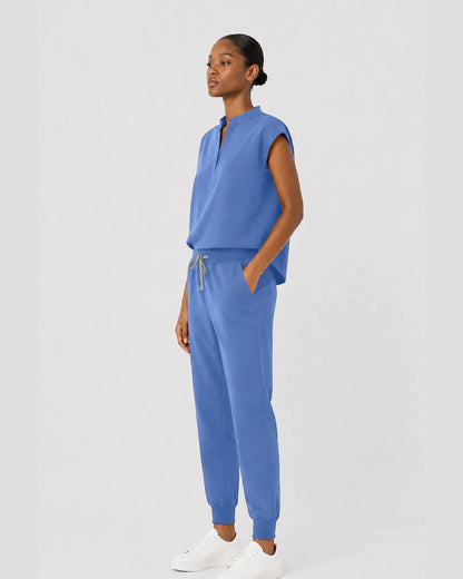 Ceil Blue Eipnare Women's Sleeveless Mandarin Collar Jogger Scrub Set - Stretch Medical Scrubs for Women