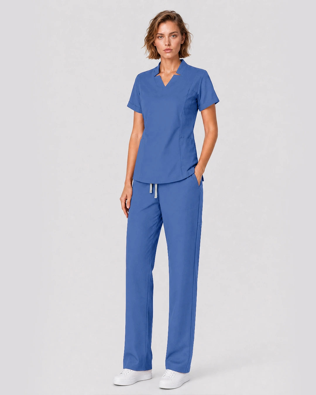 Ceil Blue Eipnare Women's Split V-Neck Tapered Scrub Set - Stretch Medical Scrubs for Women