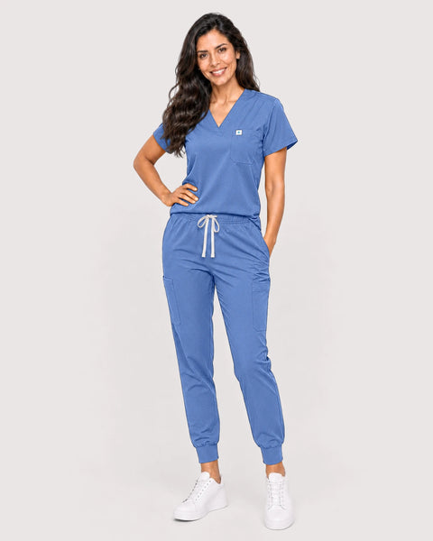 Eipnare Women's Knit V-Neck Jogger Scrub Set - Ceil Blue