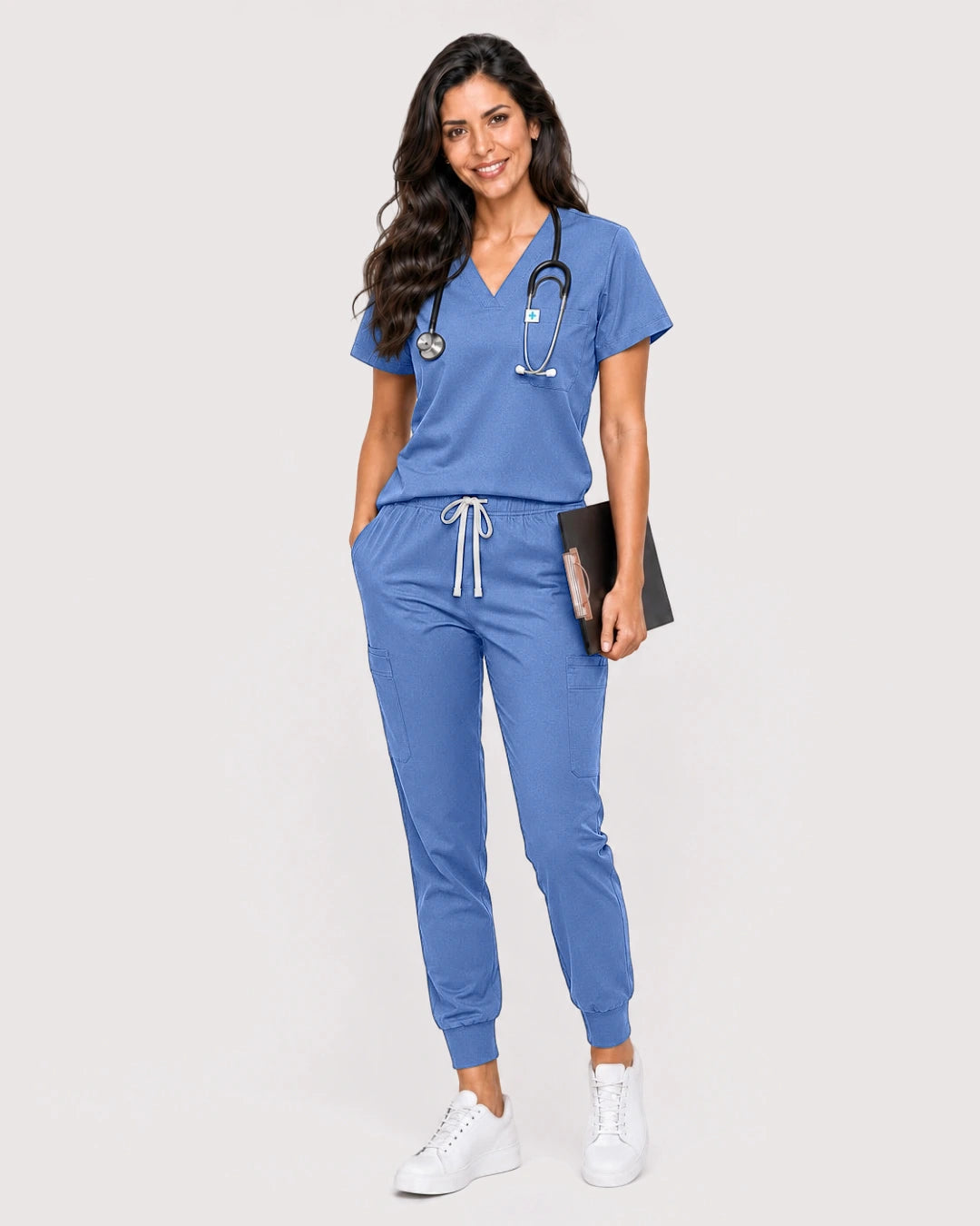 Ceil Blue Eipnare Women's Knit V-Neck Jogger Scrub Set - Stretch Medical Scrubs for Women