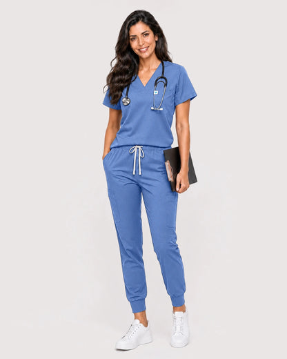 Ceil Blue Eipnare Women's Knit V-Neck Jogger Scrub Set - Stretch Medical Scrubs for Women