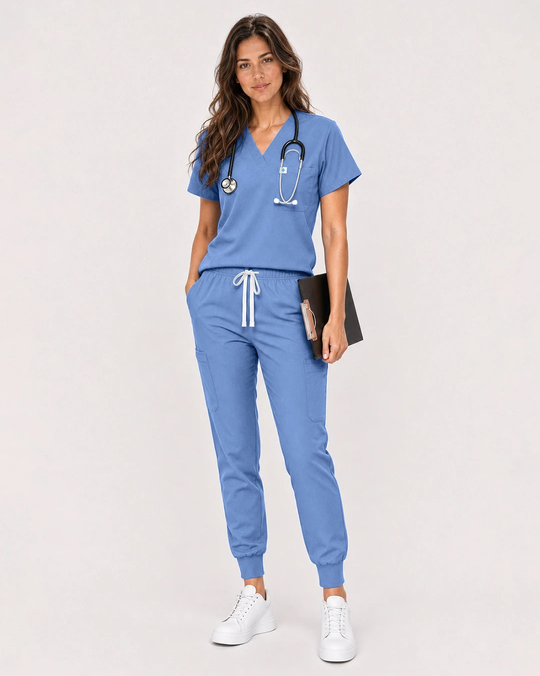Ceil Blue Eipnare Women's Classic V-Neck Jogger Scrub Set - Stretch Medical Scrubs for Women