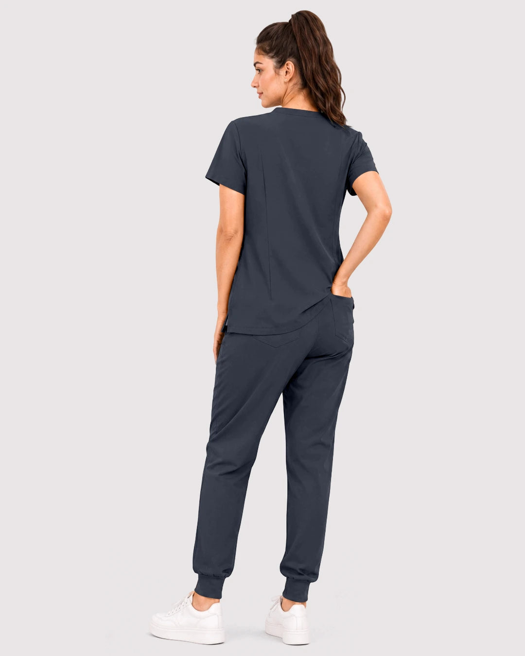 Charcoal Grey Eipnare Women's 3-Pocket V-Neck Jogger Scrub Set - Stretch Medical Scrubs for Women