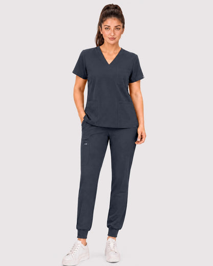 Charcoal Grey Eipnare Women's 3-Pocket V-Neck Jogger Scrub Set - Stretch Medical Scrubs for Women