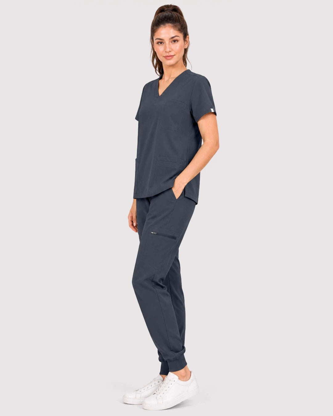 Charcoal Grey Eipnare Women's 3-Pocket V-Neck Jogger Scrub Set - Stretch Medical Scrubs for Women