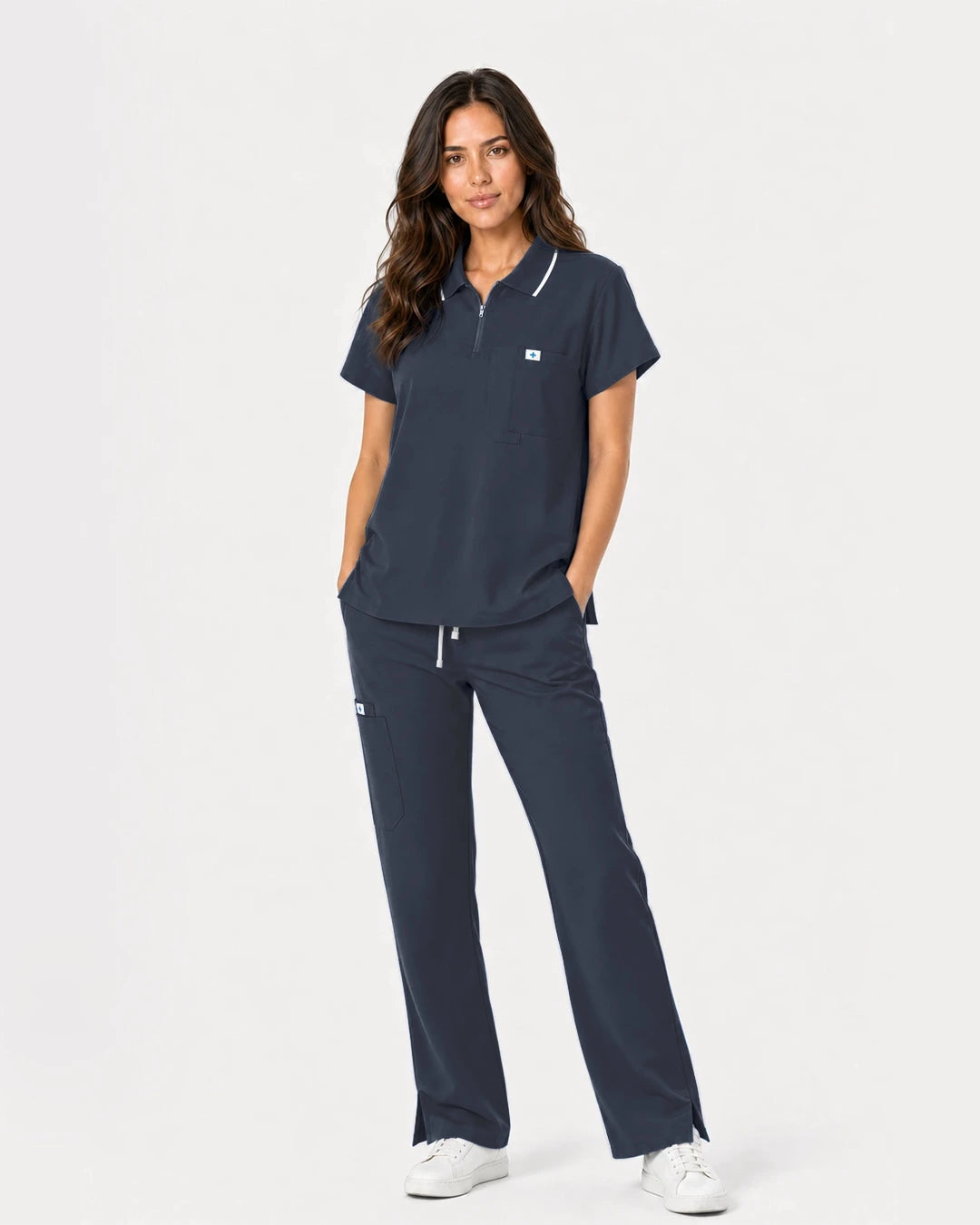 Charcoal Grey Eipnare Women's Zip Polo Straight-Leg Scrub Set - Stretch Medical Scrubs for Women