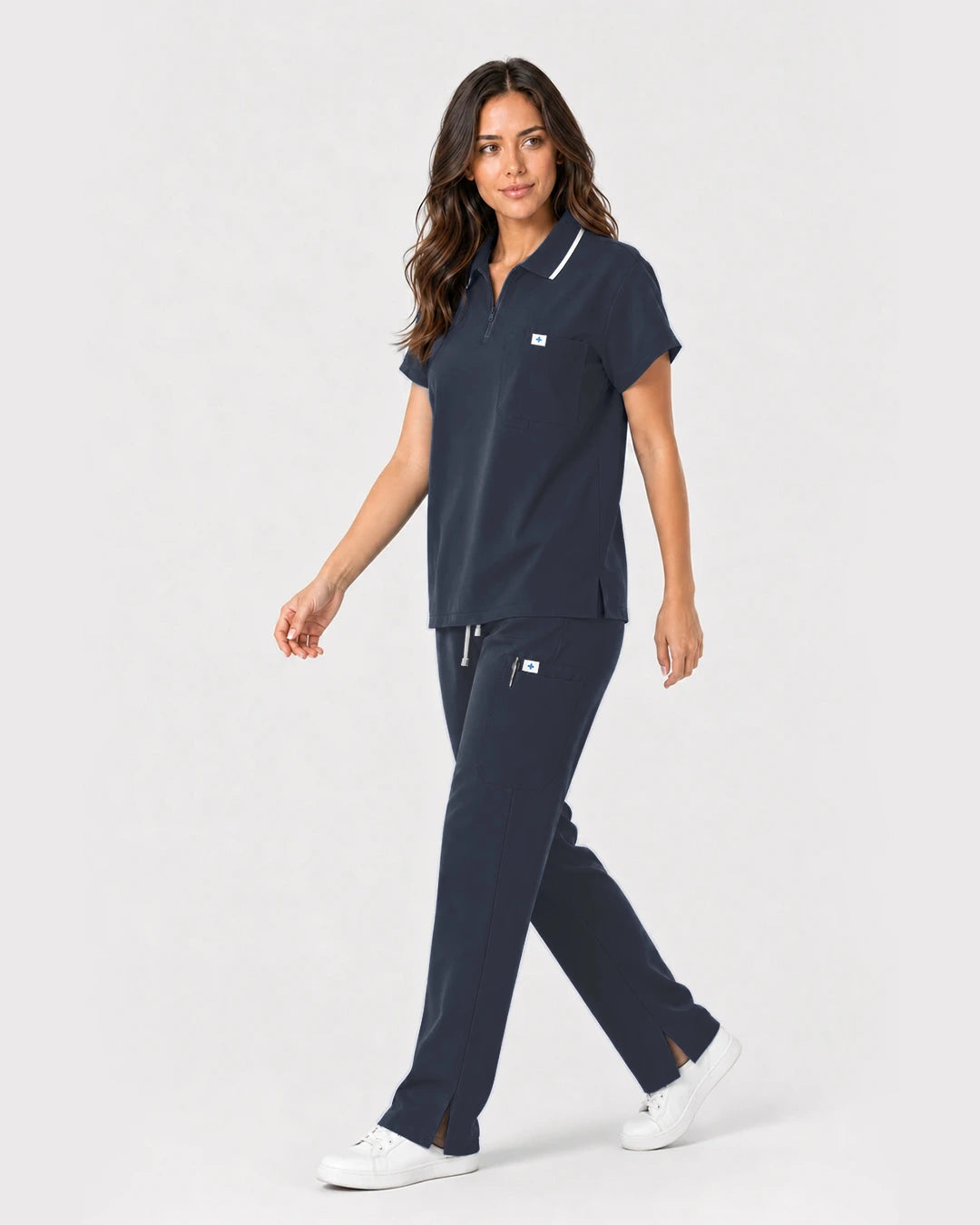 Charcoal Grey Eipnare Women's Zip Polo Straight-Leg Scrub Set - Stretch Medical Scrubs for Women
