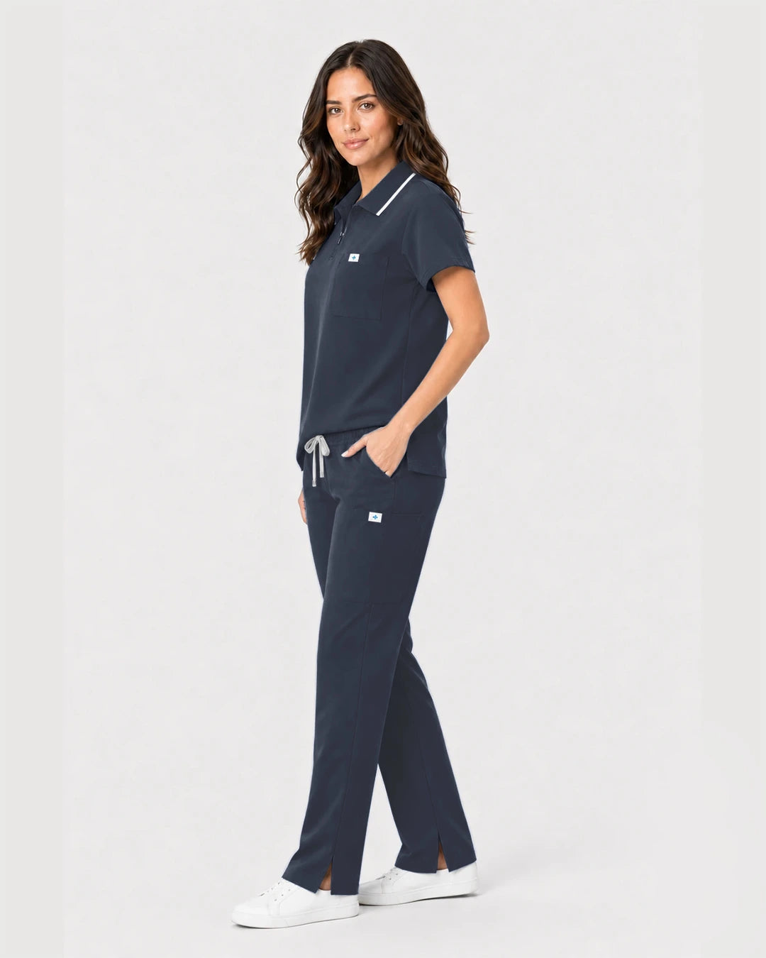 Charcoal Grey Eipnare Women's Zip Polo Straight-Leg Scrub Set - Stretch Medical Scrubs for Women