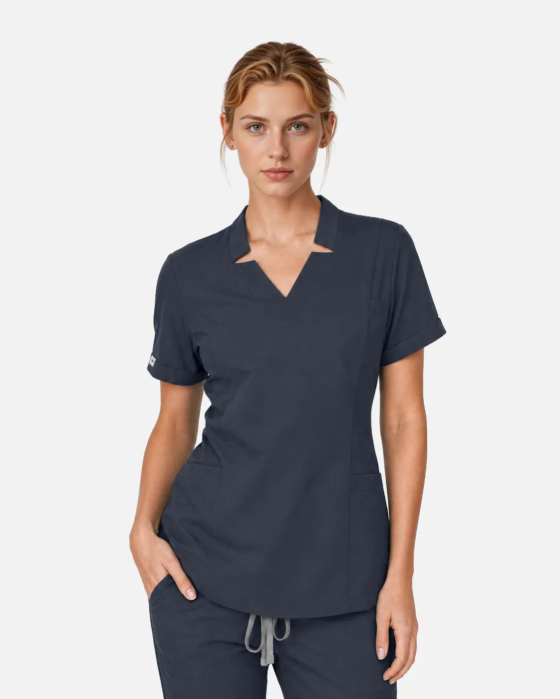 Charcoal grey Eipnare Women's Split V-Neck Tapered Scrub Set - Stretch Medical Scrubs for Women