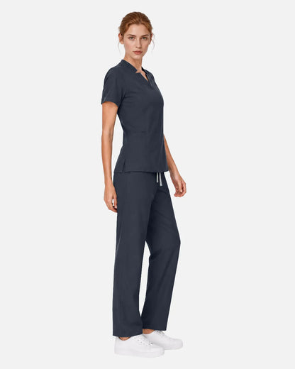 Charcoal grey Eipnare Women's Split V-Neck Tapered Scrub Set - Stretch Medical Scrubs for Women