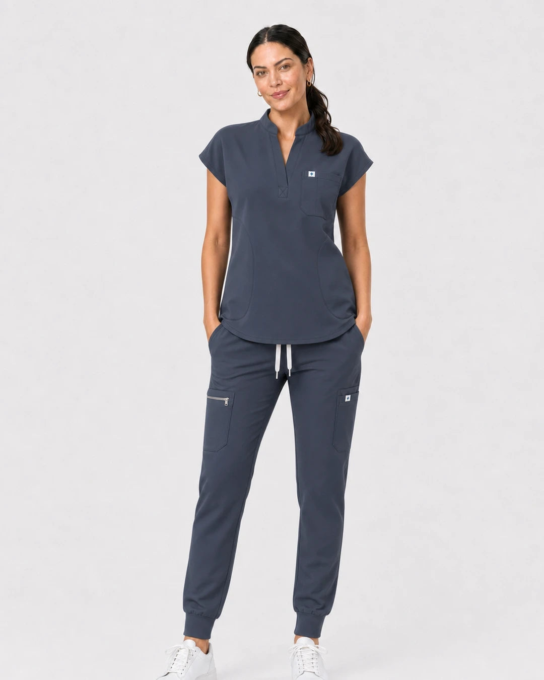 Charcoal Grey Eipnare Women's 8-Pocket V-Neck Jogger Scrub Set - Stretch Medical Scrubs for Women