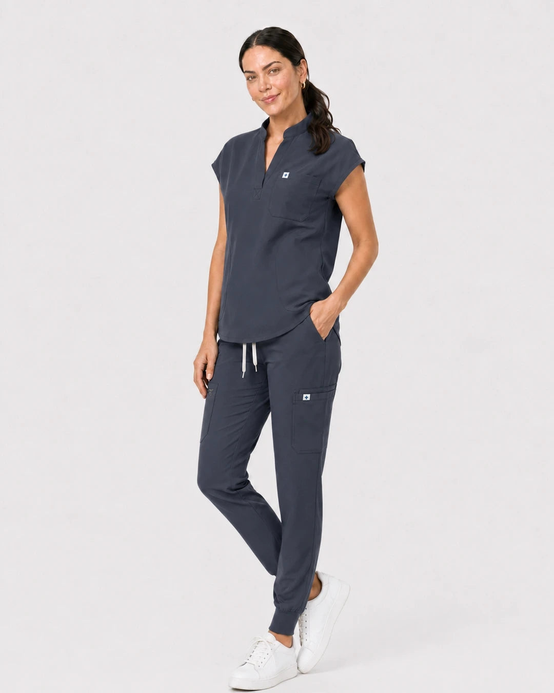 Charcoal Grey Eipnare Women's 8-Pocket V-Neck Jogger Scrub Set - Stretch Medical Scrubs for Women