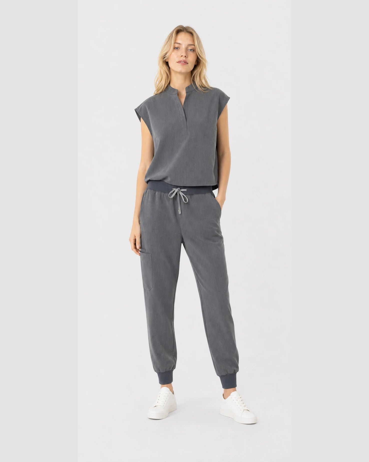Charcoal Grey Eipnare Women's Sleeveless Mandarin Collar Jogger Scrub Set - Stretch Medical Scrubs for Women
