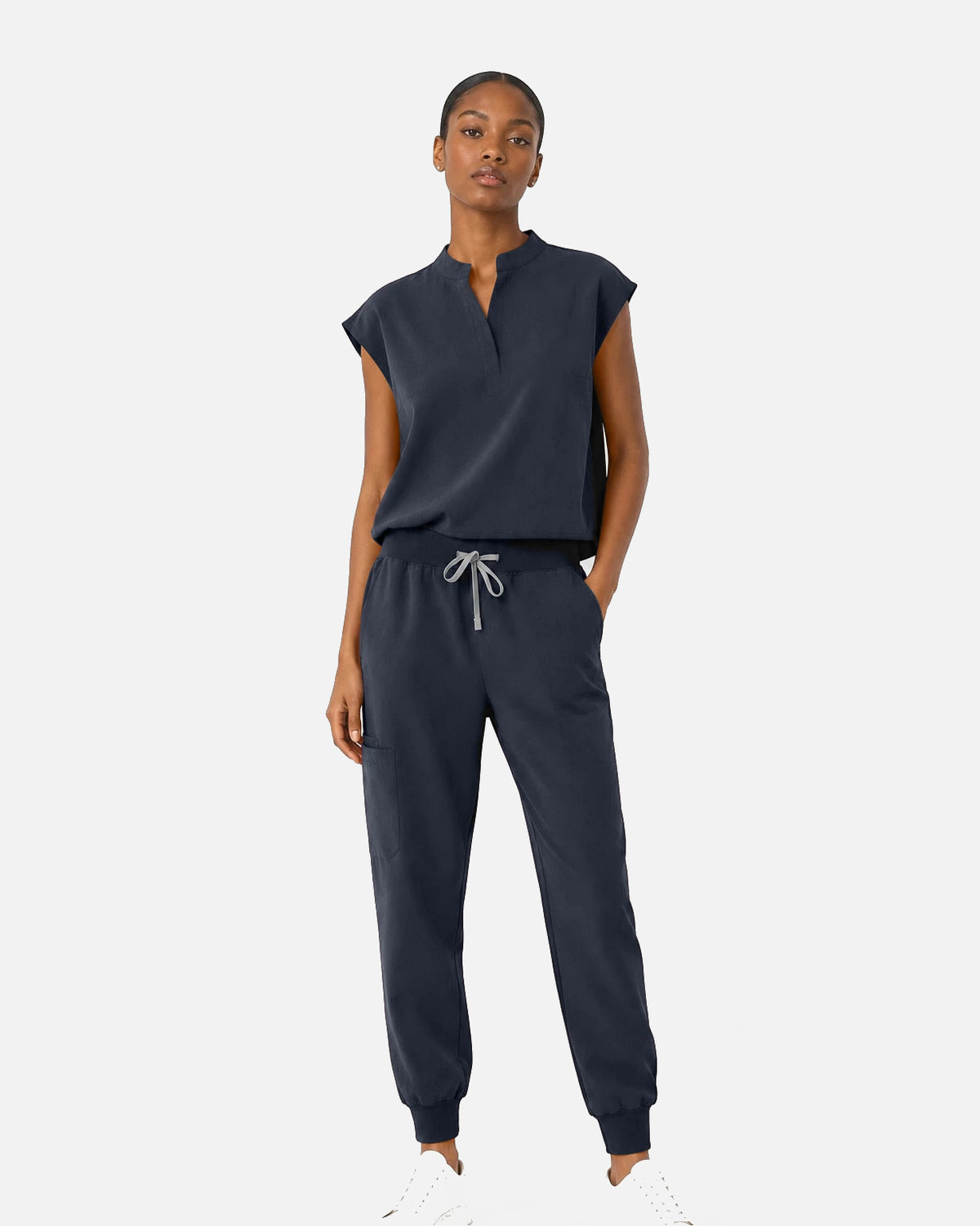 Charcoal Grey – Eipnare Women's Sleeveless Mandarin Collar Jogger Uniform Set – product image 01