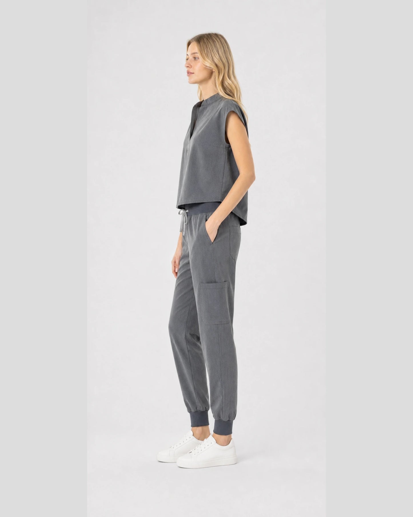 Charcoal Grey Eipnare Women's Sleeveless Mandarin Collar Jogger Scrub Set - Stretch Medical Scrubs for Women