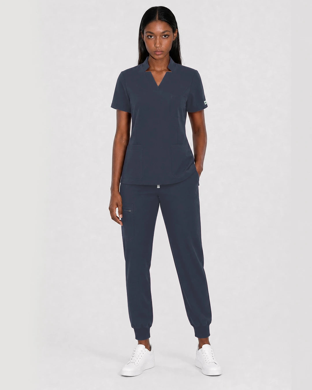 Charcoal Grey Eipnare Women's Split V-Neck Cargo Jogger Scrub Set - Stretch Medical Scrubs for Women