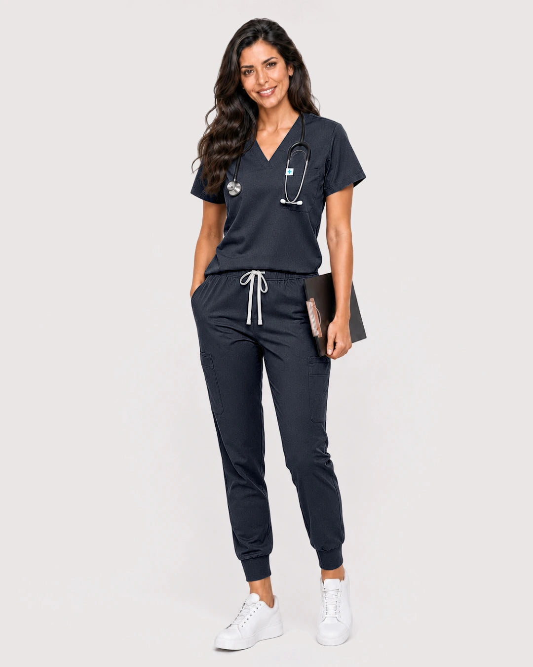 Charcoal Grey Eipnare Women's Knit V-Neck Jogger Scrub Set - Stretch Medical Scrubs for Women