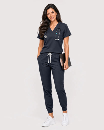 Charcoal Grey Eipnare Women's Knit V-Neck Jogger Scrub Set - Stretch Medical Scrubs for Women