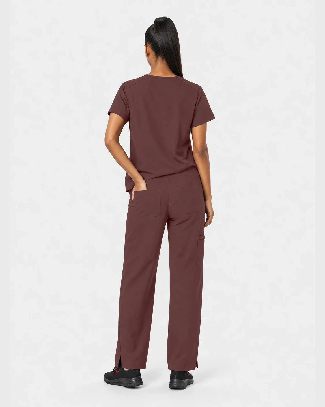 Coffee Eipnare Women's Woven V-Neck Straight-Leg Scrub Set - Stretch Medical Scrubs for Women