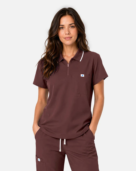 Eipnare Women's Polo-Collar Uniform Top - Coffee