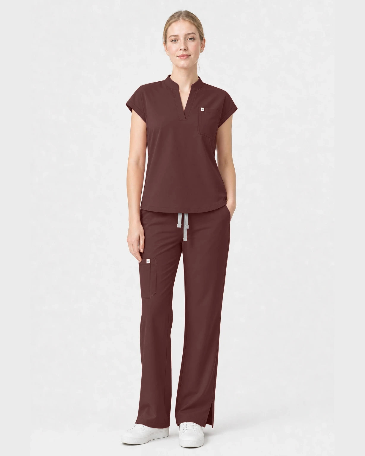 Coffee Eipnare Women's Henley Sleeveless Straight-Leg Scrub Set - Stretch Medical Scrubs for Women