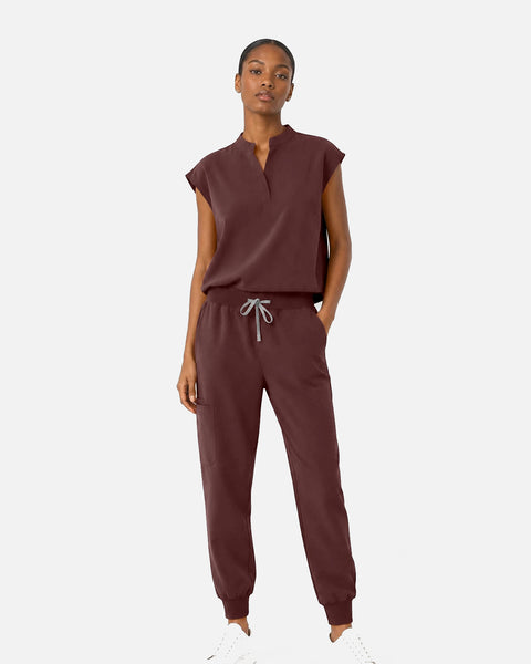 Eipnare Women's Sleeveless Mandarin Collar Jogger Uniform Set - Coffee