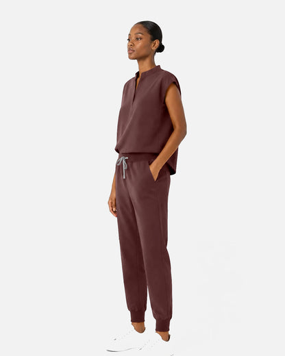 Coffee – Eipnare Women's Sleeveless Mandarin Collar Jogger Uniform Set – product image 02