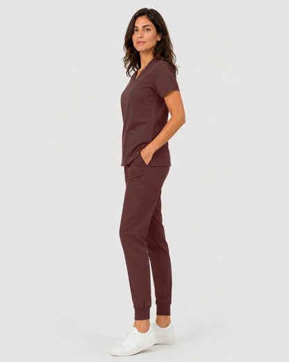 Coffee Eipnare Women's Notch V-Neck Cargo Jogger Scrub Set - Stretch Medical Scrubs for Women