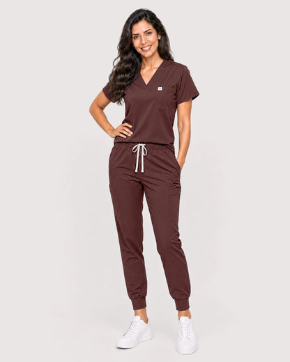 Coffee Eipnare Women's Knit V-Neck Jogger Scrub Set - Stretch Medical Scrubs for Women