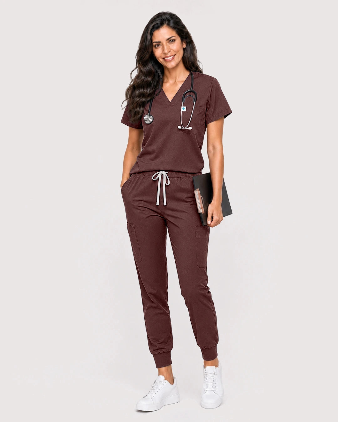 Coffee Eipnare Women's Knit V-Neck Jogger Scrub Set - Stretch Medical Scrubs for Women
