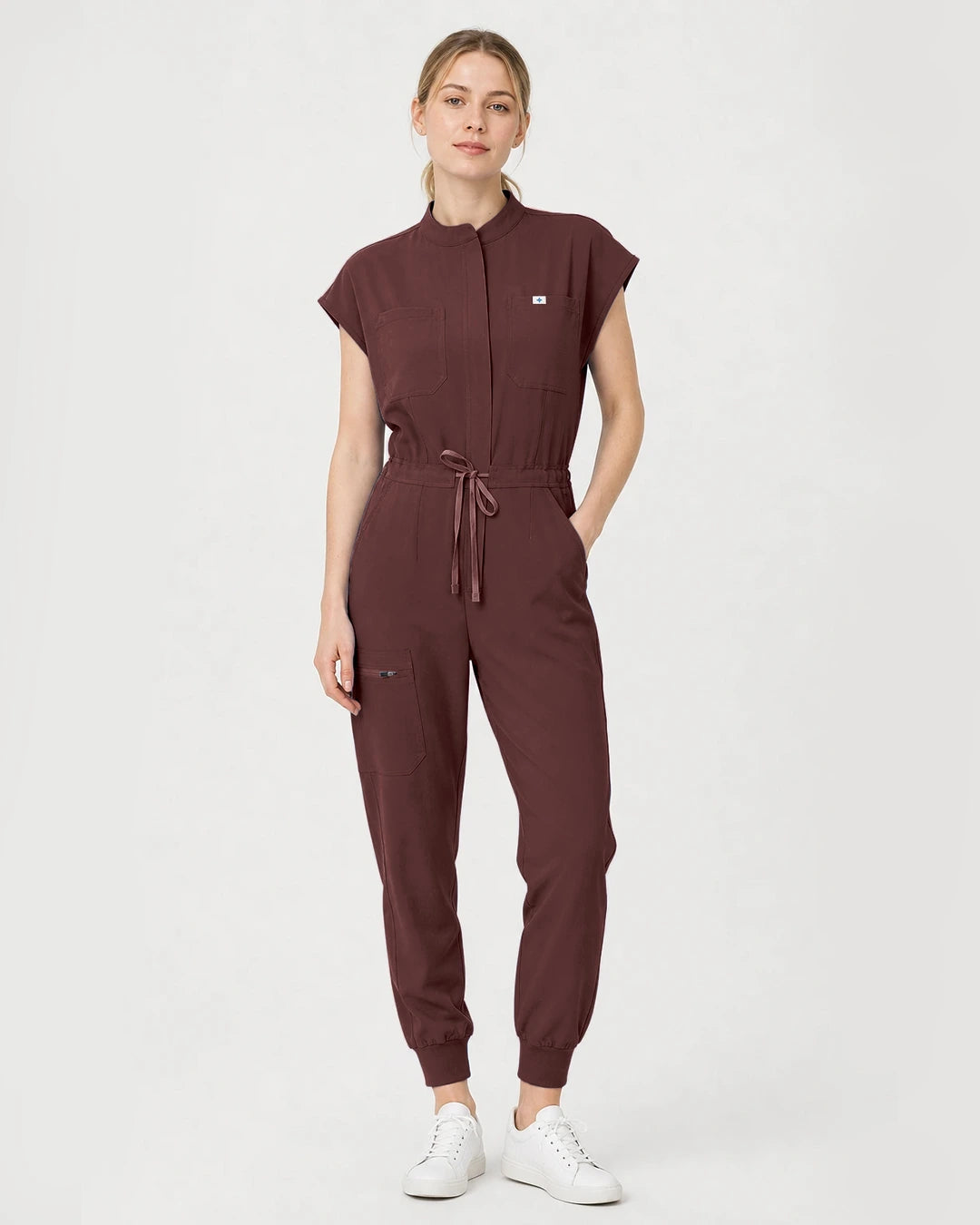 Coffee Eipnare Women's Zip-Front Sleeveless Scrub Jumpsuit - Stretch Medical Scrubs for Women