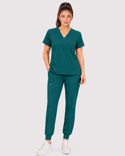 Dark Green Eipnare Women's 3-Pocket V-Neck Jogger Scrub Set - Stretch Medical Scrubs for Women