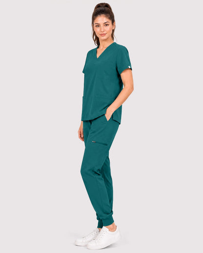 Dark Green Eipnare Women's 3-Pocket V-Neck Jogger Scrub Set - Stretch Medical Scrubs for Women