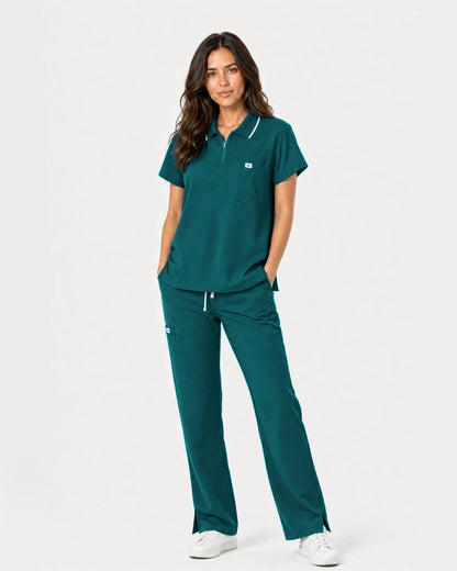 Dark Green Eipnare Women's Zip Polo Straight-Leg Scrub Set - Stretch Medical Scrubs for Women