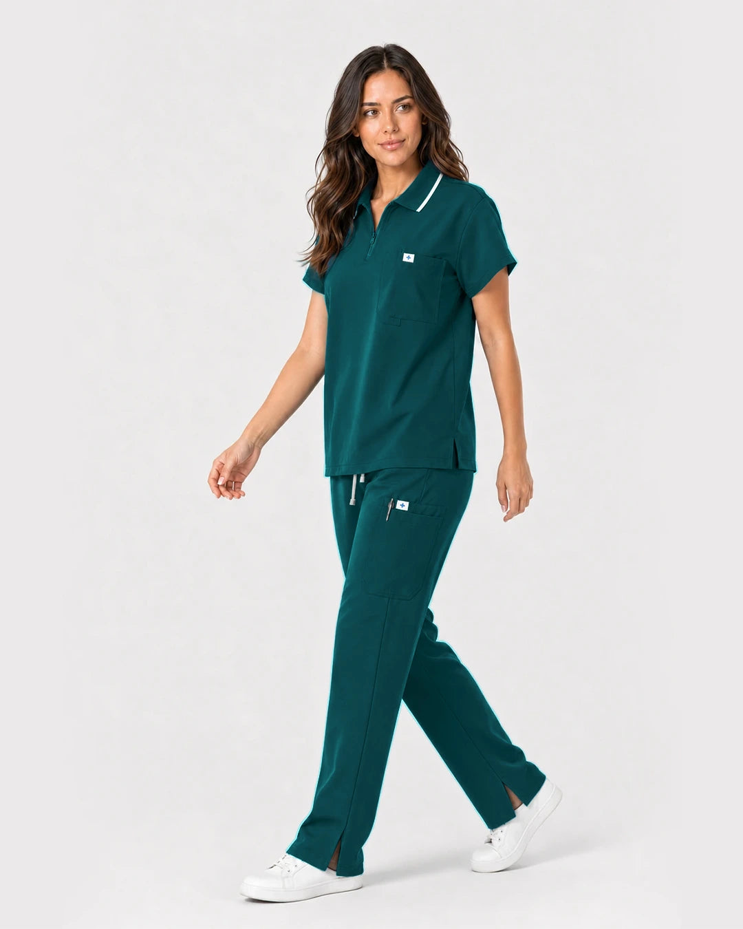 Dark Green Eipnare Women's Zip Polo Straight-Leg Scrub Set - Stretch Medical Scrubs for Women