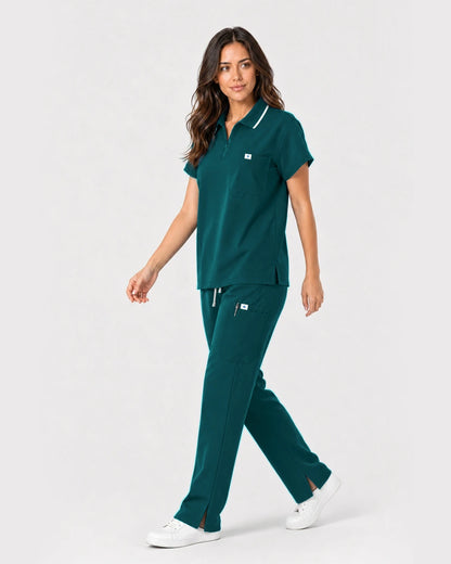 Dark Green Eipnare Women's Zip Polo Straight-Leg Scrub Set - Stretch Medical Scrubs for Women