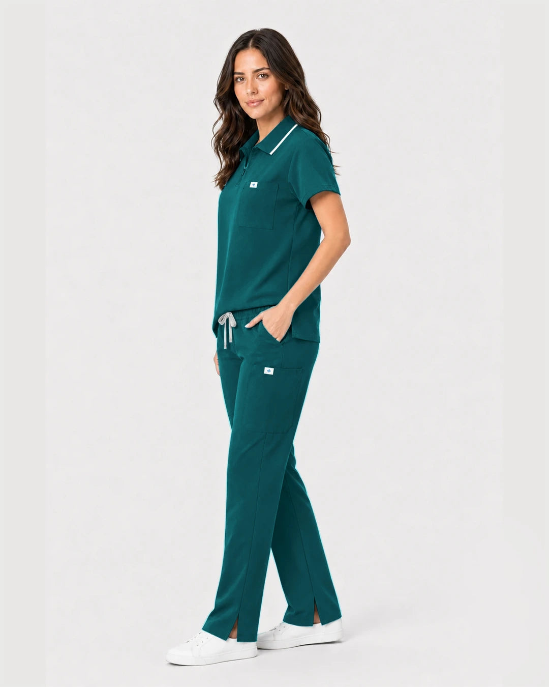Dark Green Eipnare Women's Zip Polo Straight-Leg Scrub Set - Stretch Medical Scrubs for Women