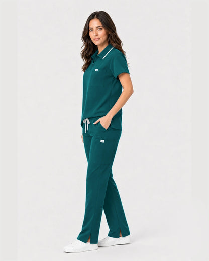 Dark Green Eipnare Women's Zip Polo Straight-Leg Scrub Set - Stretch Medical Scrubs for Women