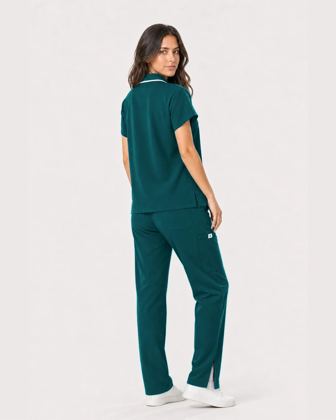 Dark Green Eipnare Women's Zip Polo Straight-Leg Scrub Set - Stretch Medical Scrubs for Women