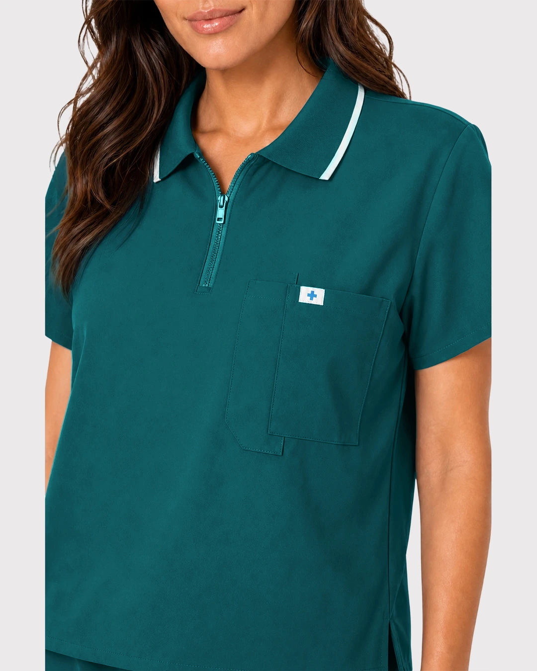 Dark Green Eipnare Women's Zip Polo Straight-Leg Scrub Set - Stretch Medical Scrubs for Women