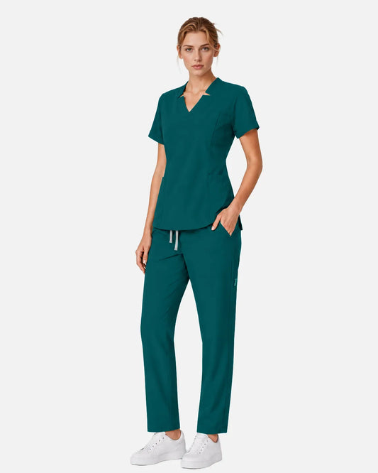 Dark green Eipnare Women's Split V-Neck Tapered Scrub Set - Stretch Medical Scrubs for Women