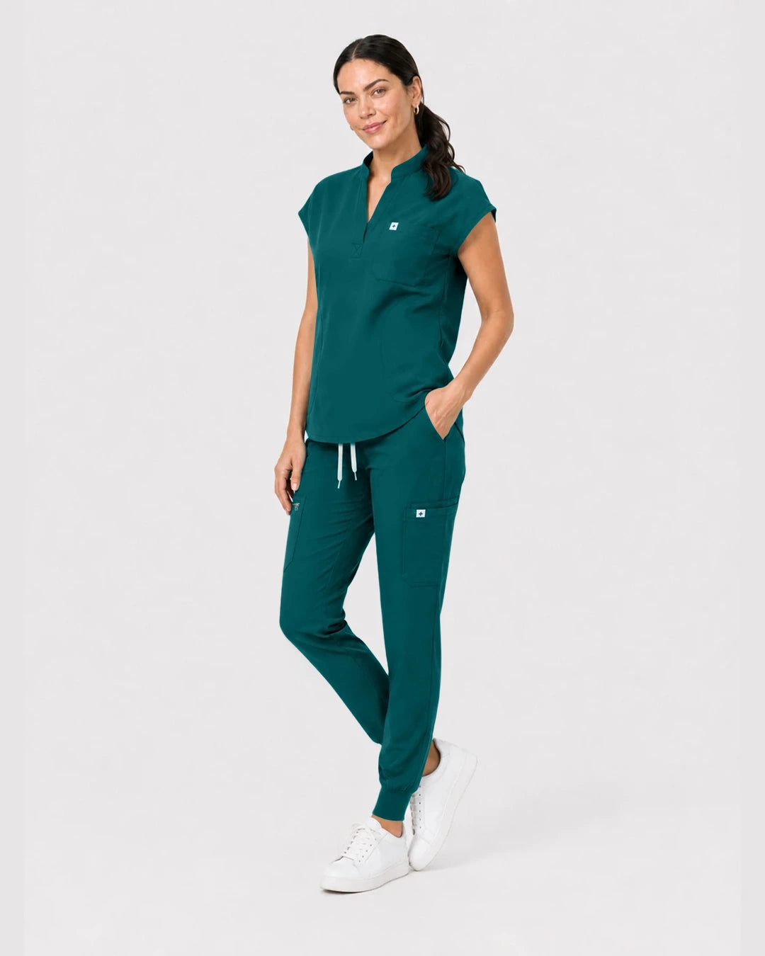 Dark Green Eipnare Women's Henley Sleeveless Jogger Scrub Set - Stretch Medical Scrubs for Women