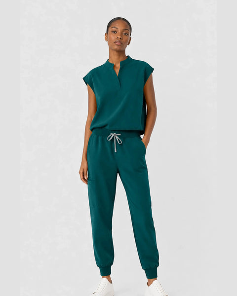 Eipnare Women's Sleeveless Mandarin Collar Jogger Scrub Set - Dark Green